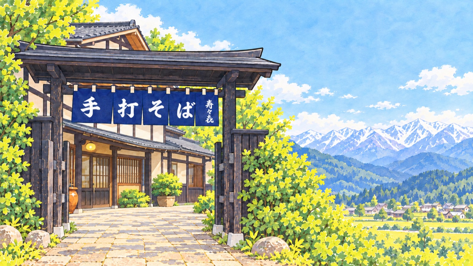「手打そば」の暖簾が掛かった店の門と、北アルプスを望む安曇野の風景を描いたイラスト